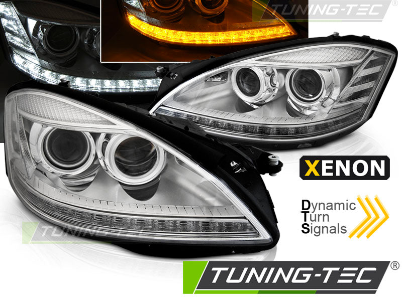 Phares au xénon chromés à éclairage diurne SEQ compatibles avec Mercedes W221 05-09