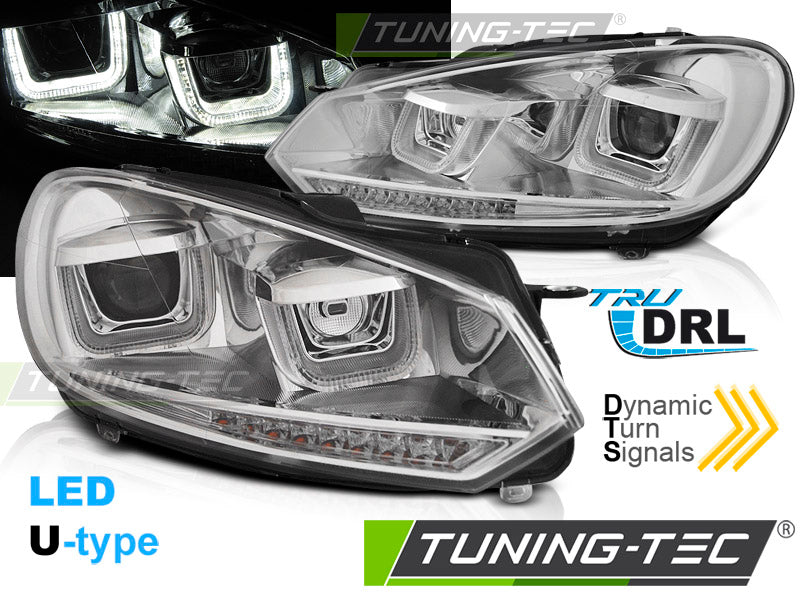 Phares avant à LED en U avec feux de jour chromés SEQ compatibles avec VW Golf 6 08-12