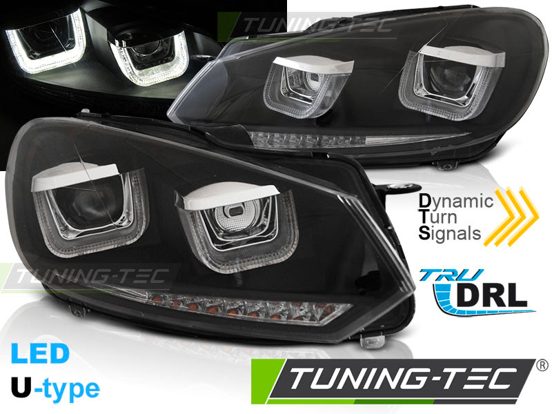 Phares avant à LED en U avec feux de jour noirs SEQ compatibles avec VW Golf VI 08-12