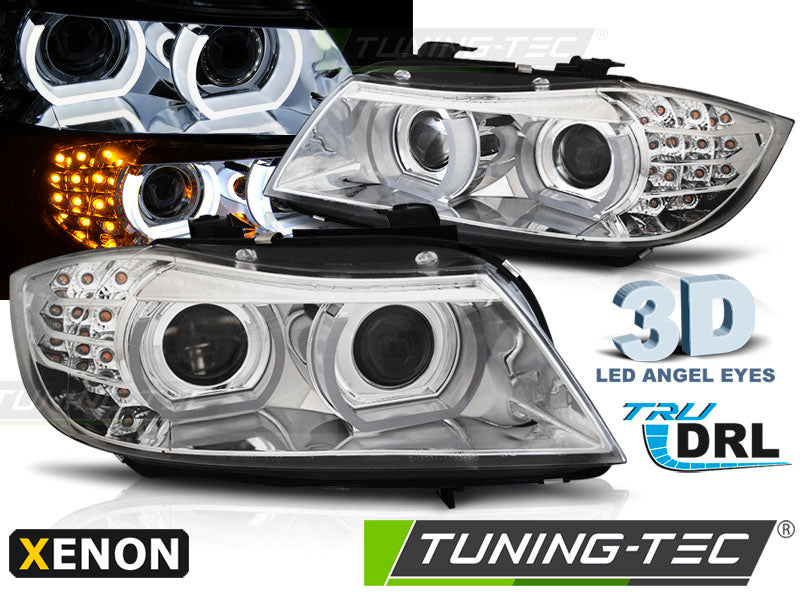 Phares au xénon avec feux de jour à LED chromés Angel Eyes compatibles BMW E90/E91 09-11