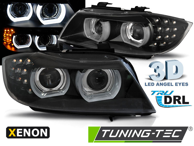 Phares au xénon Angel Eyes avec feux de jour à LED noirs compatibles BMW E90/E91 09-11