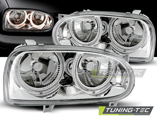Phares Angel Eyes chromés compatibles VW Golf III 91-97