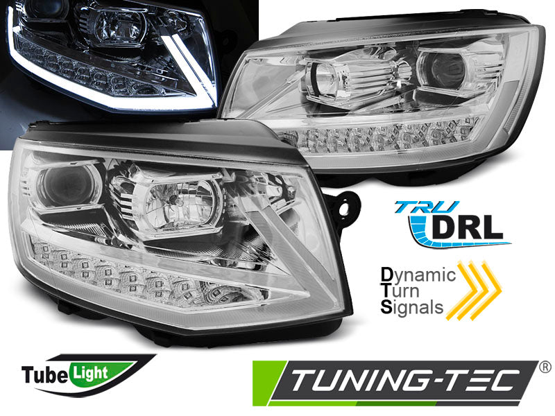 Phares tubulaires avec feux de jour chromés SEQ compatibles VW T6 15-19