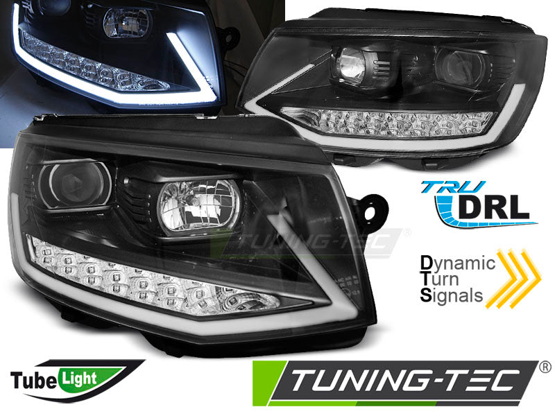 Phares tubulaires avec feux de jour noirs chromés SEQ compatibles VW T6 15-19