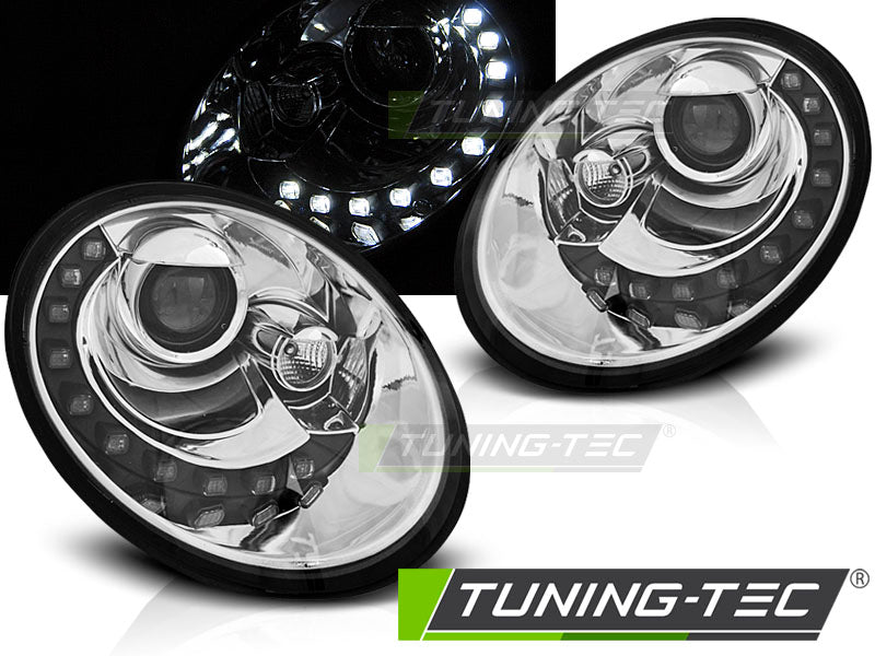Phares chromés à feux de jour compatibles avec VW New Beetle 06-12