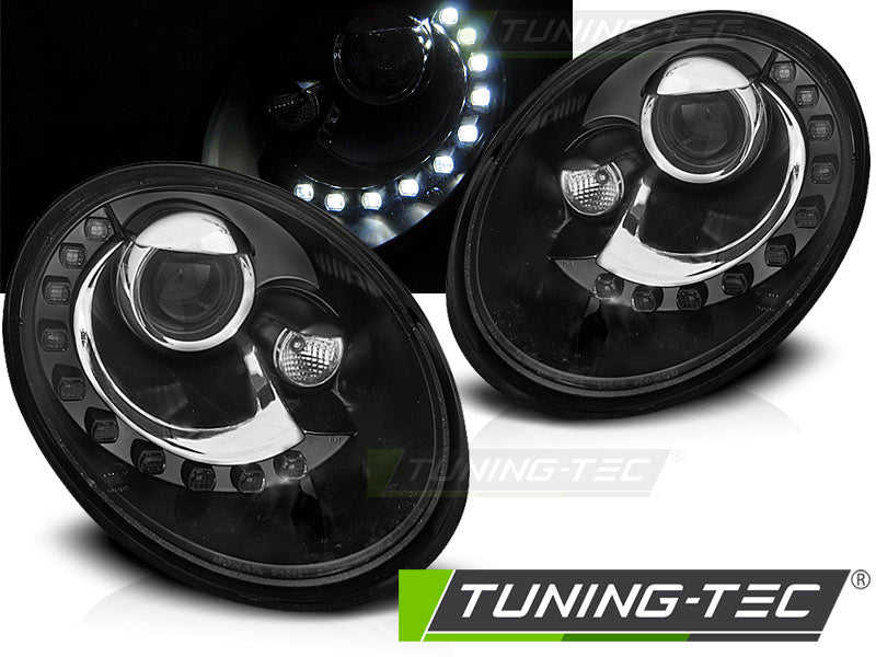 Phares avant noirs à éclairage diurne compatibles avec VW New Beetle 06-12