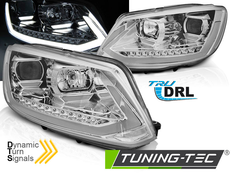 Phares tubulaires avec feux de jour chromés SEQ compatibles VW Touran I 10-15
