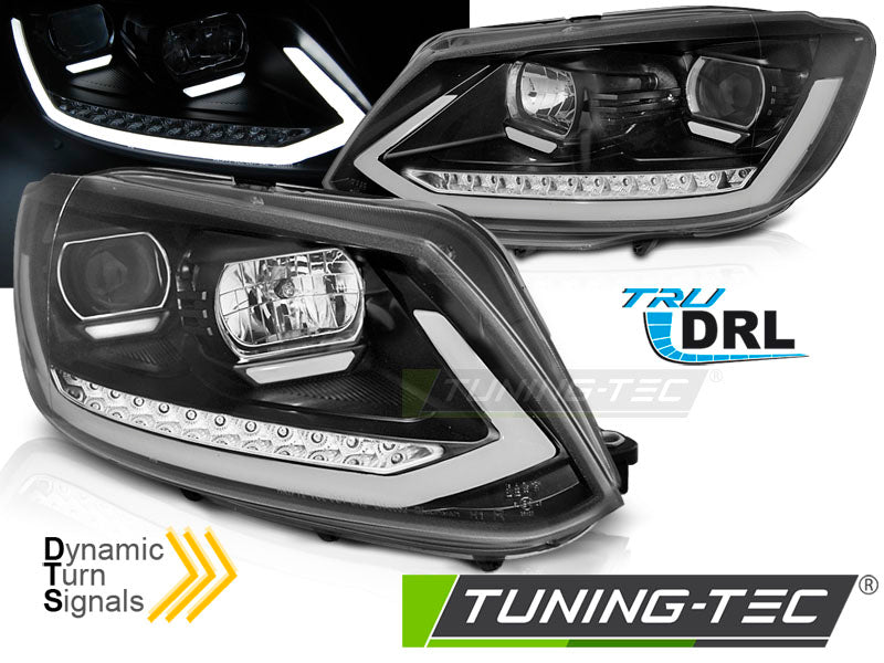 Phares tubulaires avec feux de jour noirs SEQ compatibles VW Touran I 10-15