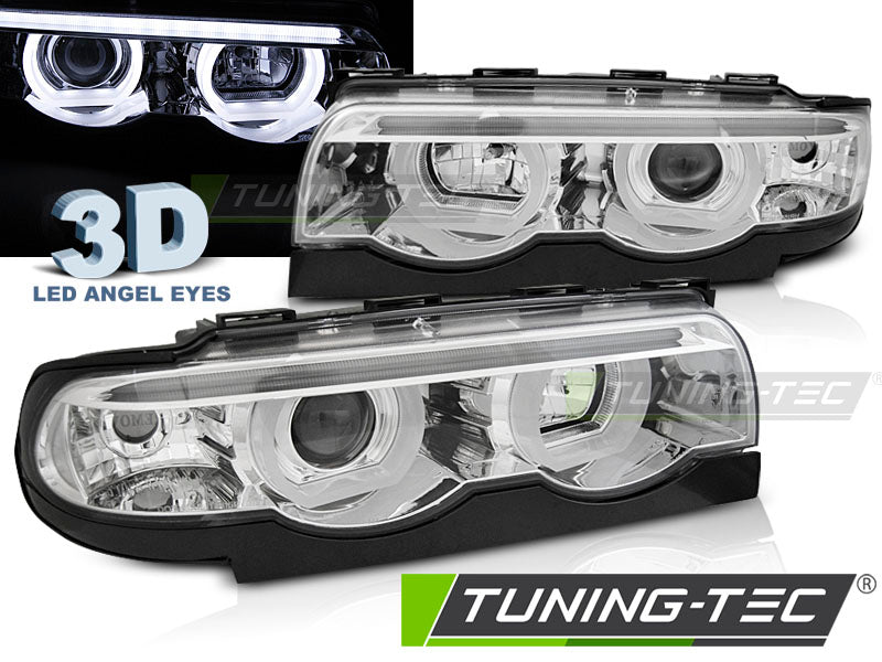 Phares Angel Eyes LED 3D chromés compatibles BMW E38 94-01
