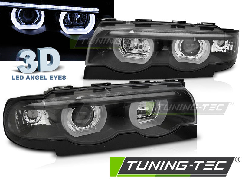 Phares Angel Eyes LED 3D noirs compatibles BMW E38 94-01