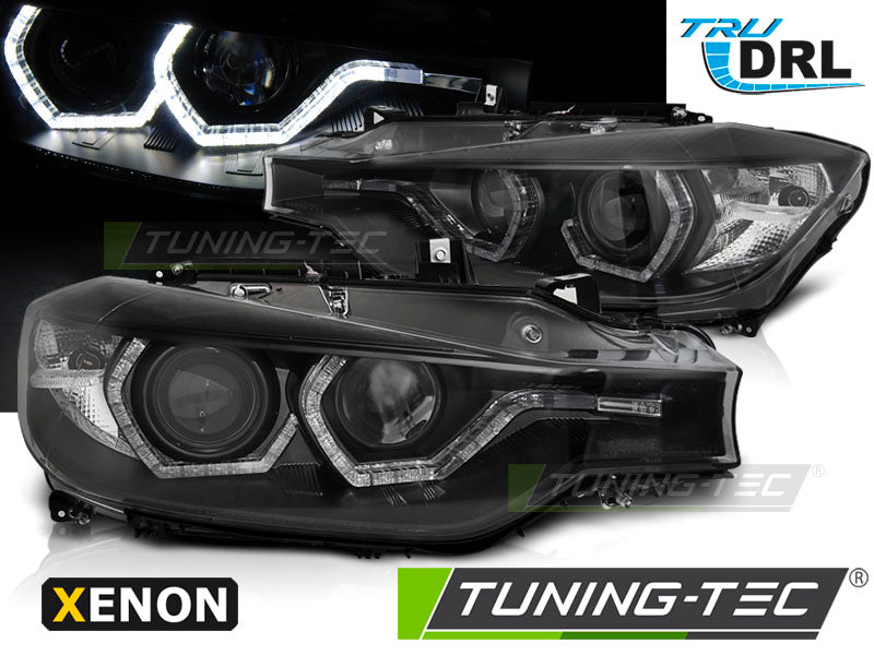 Phares au xénon avec feux de jour à LED Angel Eyes noirs, compatibles BMW F30/F31 (10.11 - 05.15)