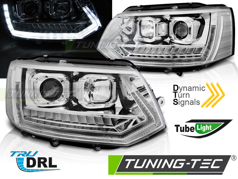 Phares tubulaires avec feux de jour chromés SEQ compatibles VW T5 2010-2015