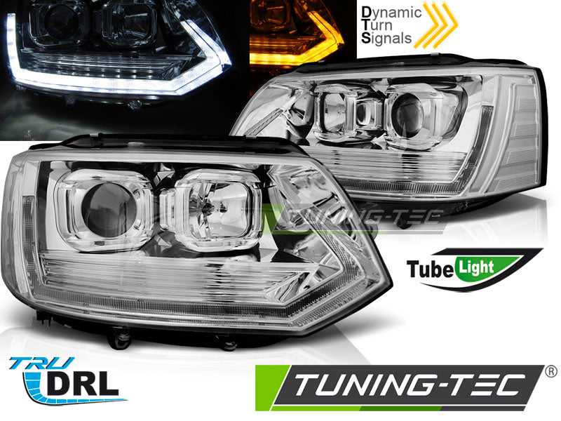 Phares tubulaires style T6 chromés avec feux de jour séquentiels, compatibles VW T5 10-15