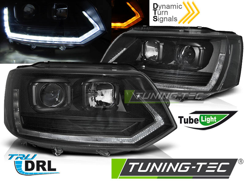 Phares tubulaires T6 style noir avec feux de jour (DRL) compatibles VW T5 10-15
