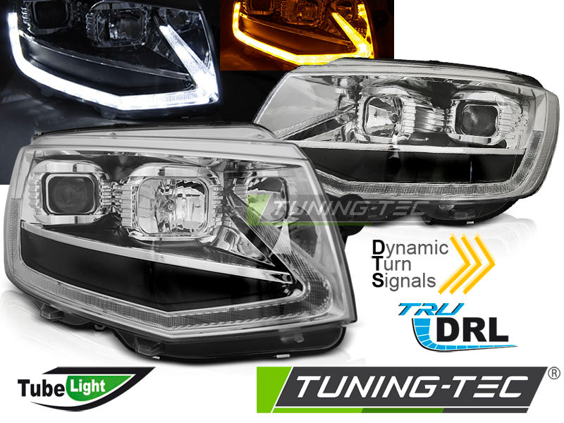 Phares tubulaires chromés avec feux de jour séquentiels compatibles VW T6 15-19