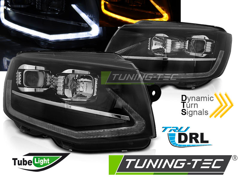 Phares tubulaires noirs avec feux de jour séquentiels compatibles VW T6 15-19