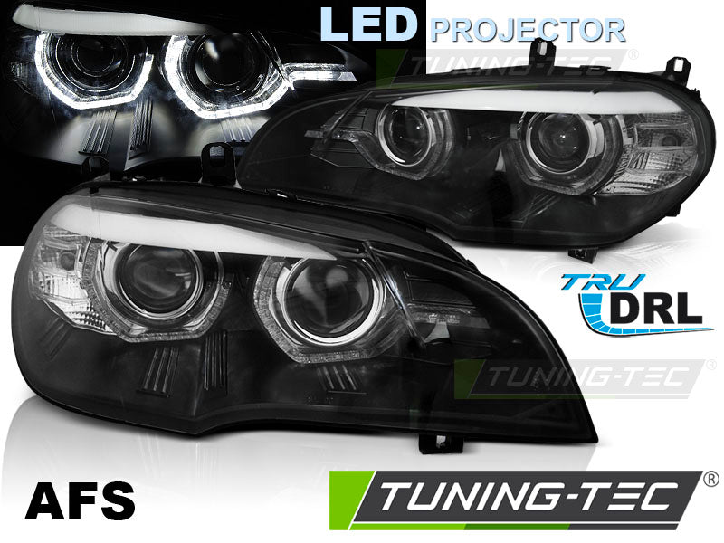 Phares à LED Angel Eyes avec feux de jour à LED noirs AFS compatibles BMW X5 E70 07-13 (Xénon OEM)