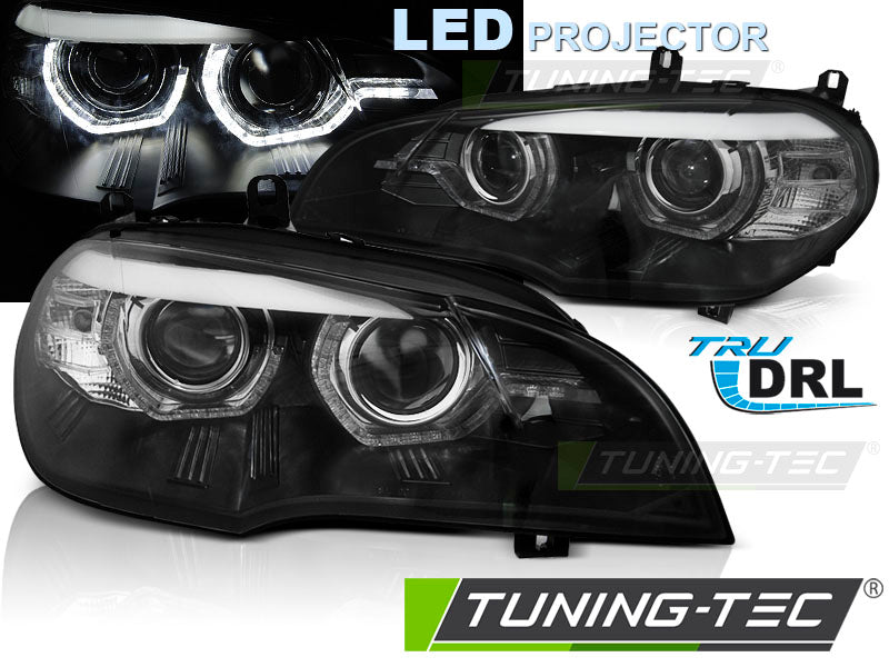 Phares à LED Angel Eyes avec feux de jour à LED noirs compatibles BMW X5 E70 07-13 (Xénon OEM)