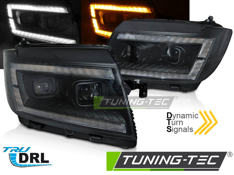 Phares tubulaires noirs avec feux de jour séquentiels compatibles VW Crafter II 17-