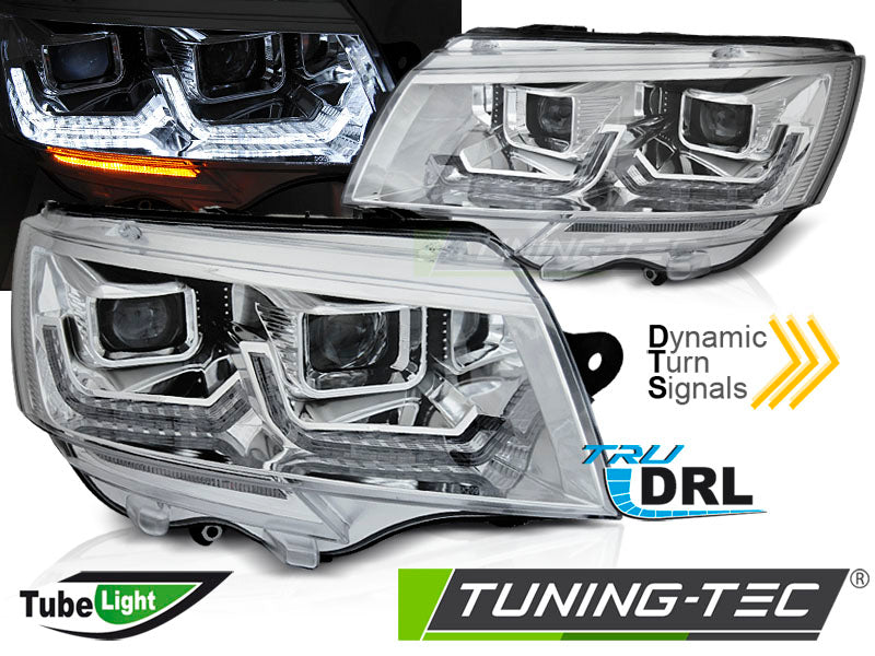 Phares tubulaires chromés avec feux de jour séquentiels compatibles VW T6.1 20-