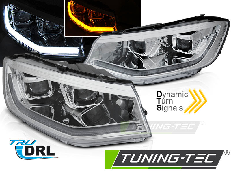 Phares tubulaires chromés avec feux de jour séquentiels compatibles VW Caddy 20-