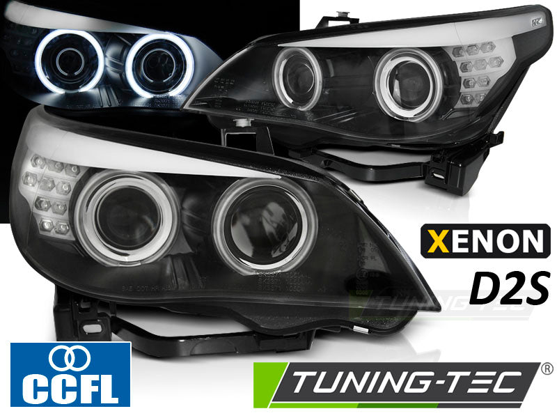Phares Xenon D2S CCFL Angel Eyes avec clignotants LED noirs compatibles BMW E60/E61 03-04