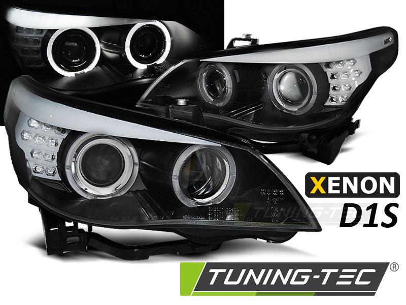 Phares Xenon D1S Angel Eyes avec clignotants LED noirs compatibles BMW E60/E61 05-07