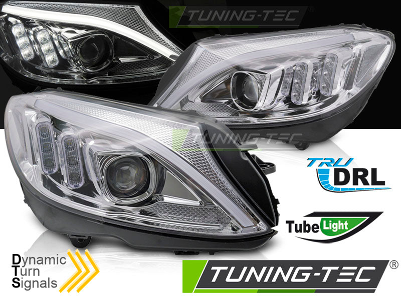Phares tubulaires LED chromés compatibles avec Mercedes W205 14-18