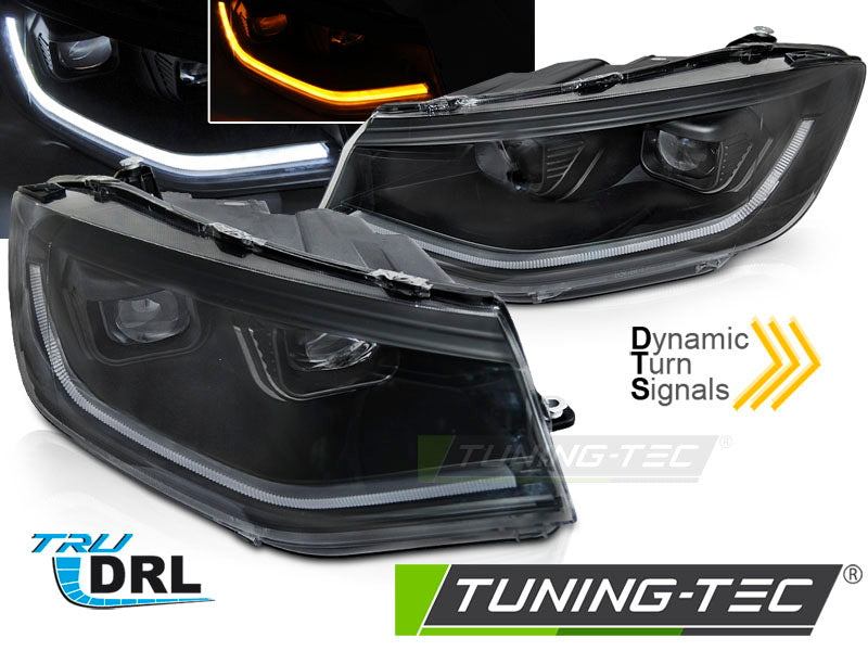 Phares à LED tubulaires noirs avec feux de jour SEQ compatibles VW Caddy 20-