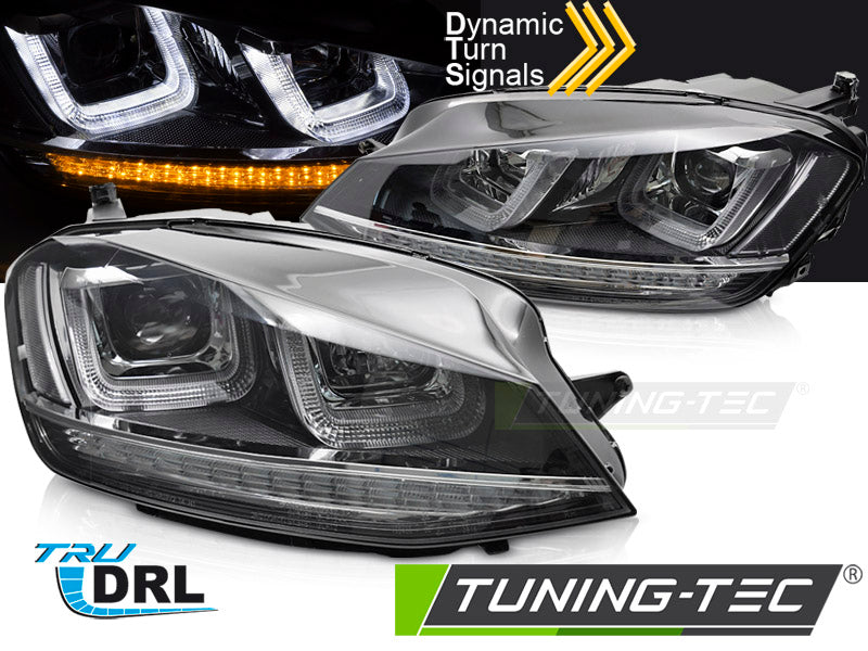 Phares avant noirs avec liseré chromé, compatibles avec VW Golf 7 (2013-2017).
