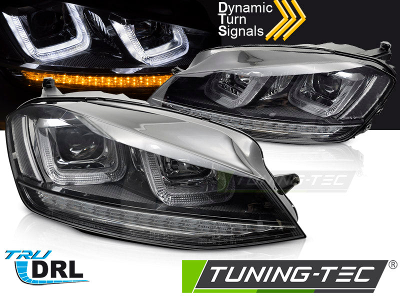 Phares avant noirs avec liseré noir, compatibles avec VW Golf 7 (2013-2017).