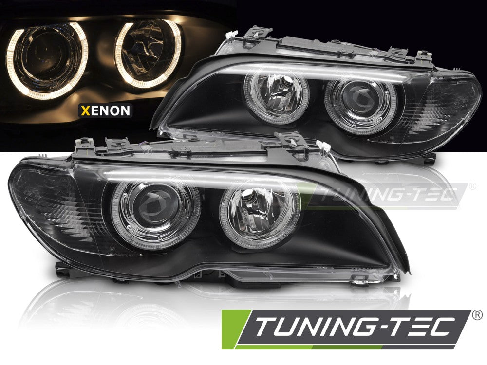 Phares xénon Angel Eyes noirs compatibles BMW E46 Coupé Cabriolet 03-06