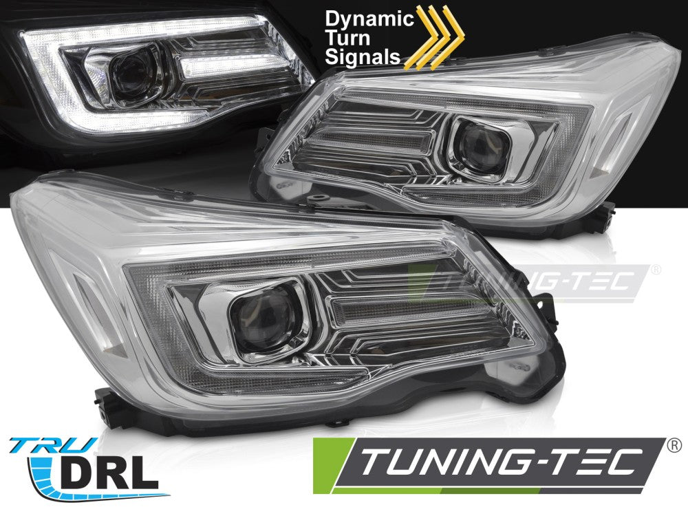 Phares tubulaires chromés avec feux de jour (DRL) compatibles avec Subaru Forester IV 13-18