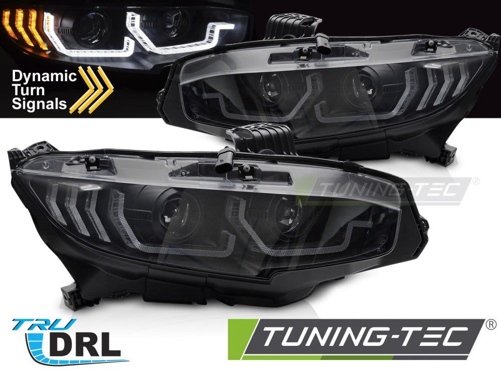 Phares noirs avec feux de jour (DRL) compatibles avec Honda Civic X 16-21