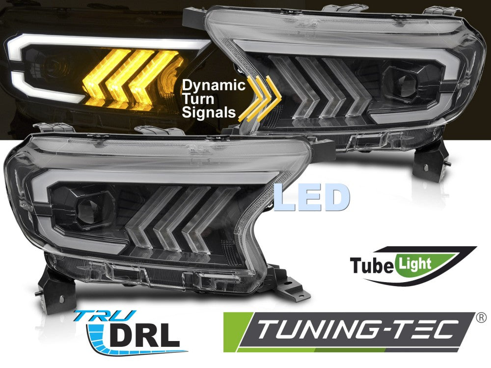 Phares tubulaires noirs compatibles avec Ford Ranger V 16-22