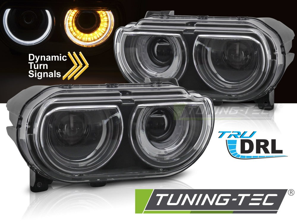 Phares noirs avec feux de jour compatibles avec Dodge Challenger 08-14