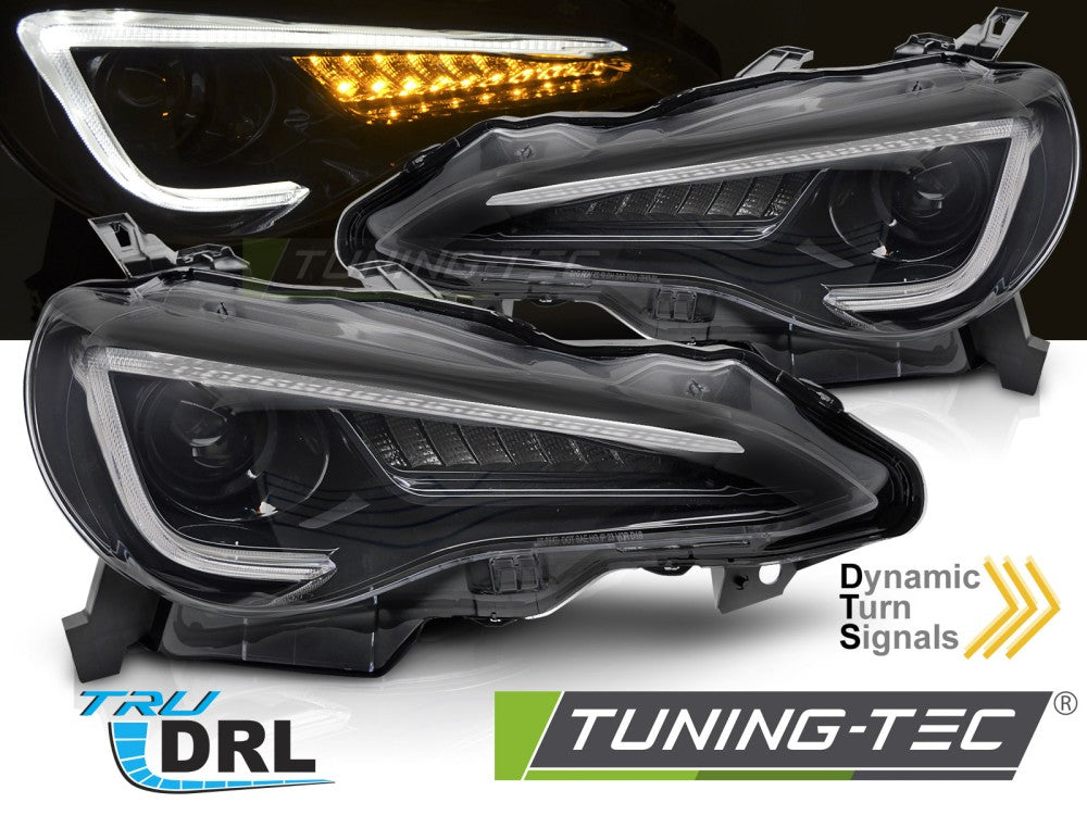 Phares à tube noir avec feux de jour à LED compatibles avec Toyota GT86 12-21