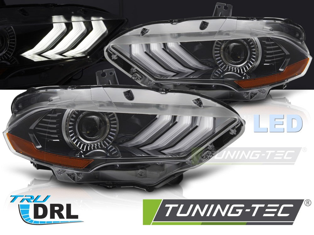Phares à LED noirs avec feux de jour compatibles avec Ford Mustang 18-21
