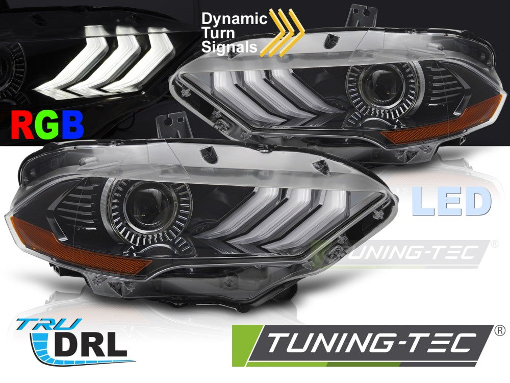Phares LED RGB DRL noirs compatibles avec Ford Mustang 18-21