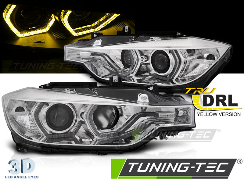 Phares Angel Eyes jaunes à LED avec feux de jour chromés, compatibles BMW F30/F31 11-15