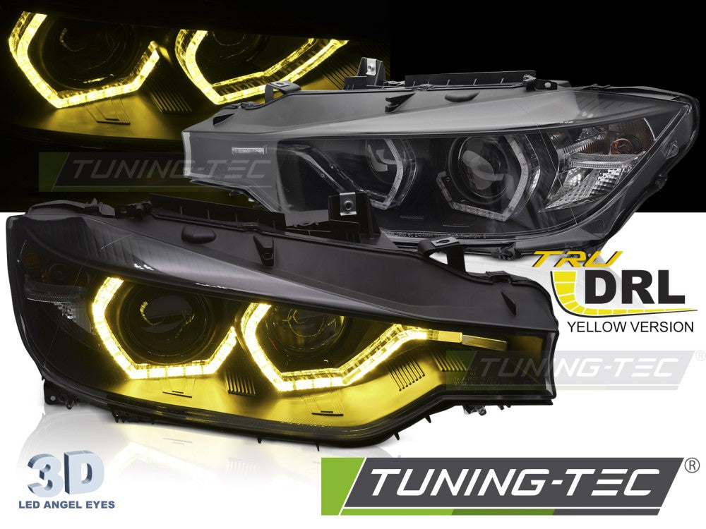 Phares Angel Eyes jaunes à LED avec feux de jour noirs, compatibles BMW F30/F31 11-15