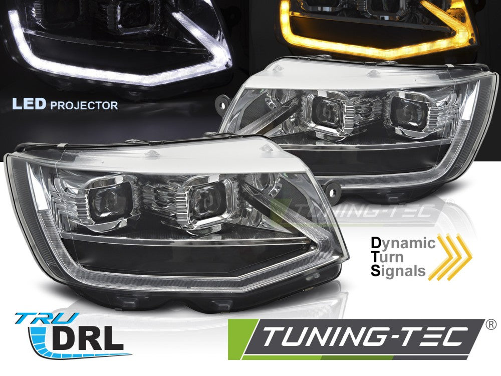 Phares LED tubulaires chromés avec feux de jour séquentiels compatibles VW T6 15-19