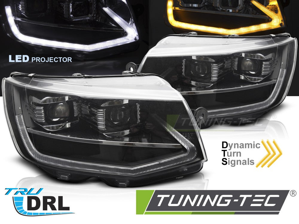 Phares LED tubulaires noirs avec feux de jour séquentiels compatibles VW T6 15-19