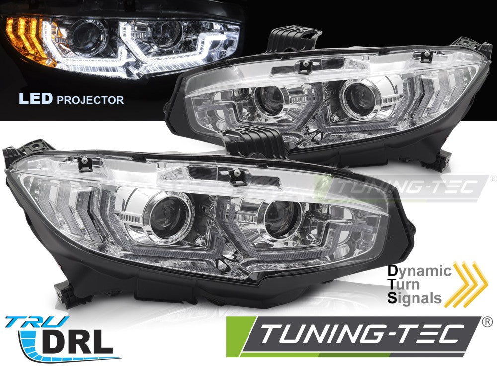 Phares à LED chromés avec feux de jour séquentiels compatibles avec Honda Civic X 16-21