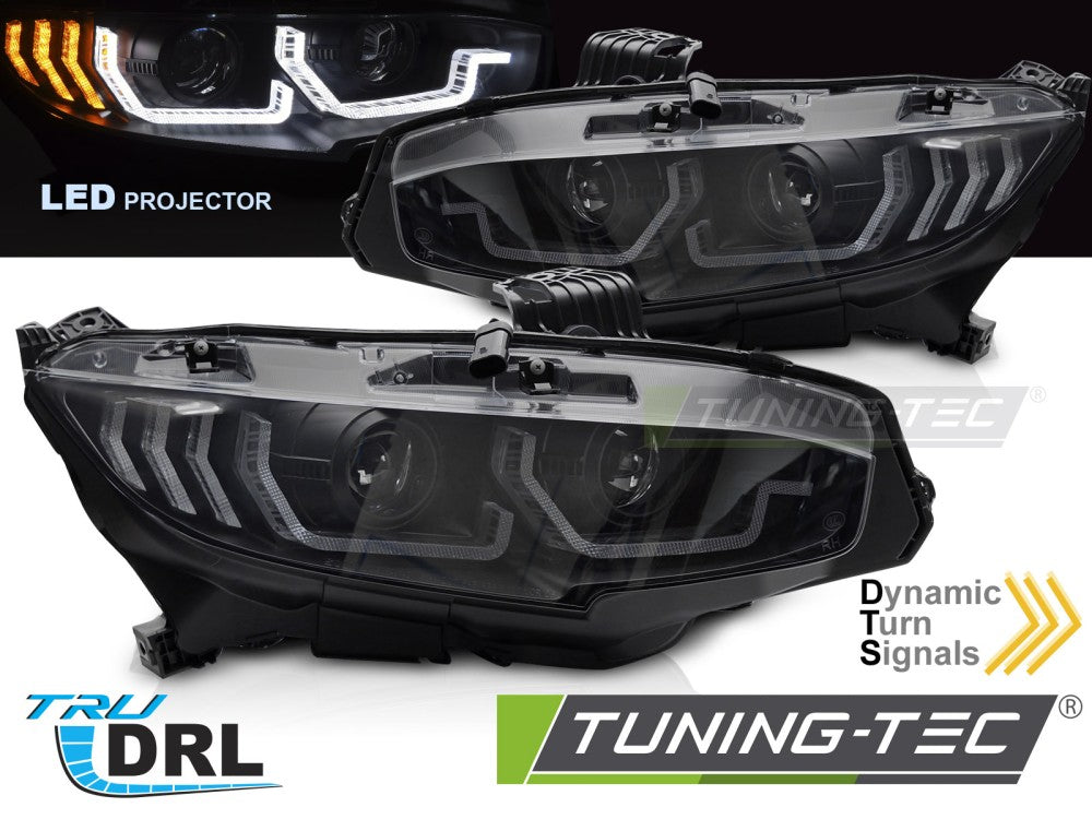 Phares à LED noirs avec feux de jour SEQ compatibles avec Honda Civic X 16-21