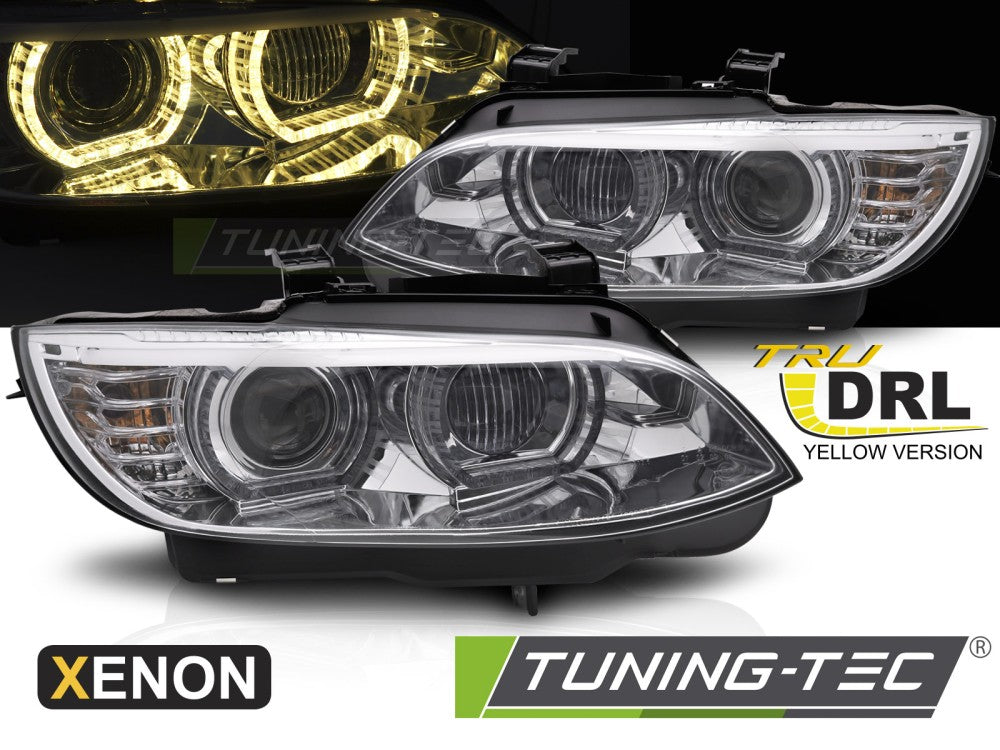 Phares au xénon à LED jaunes avec feux de jour chromés, compatibles BMW E92 / E93 06-10