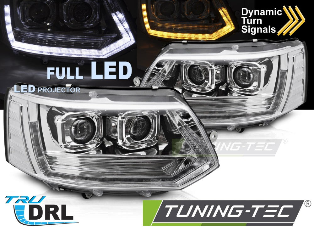 Phares Full LED tubulaires style T6 avec feux de jour chromés, compatibles VW T5 10-15