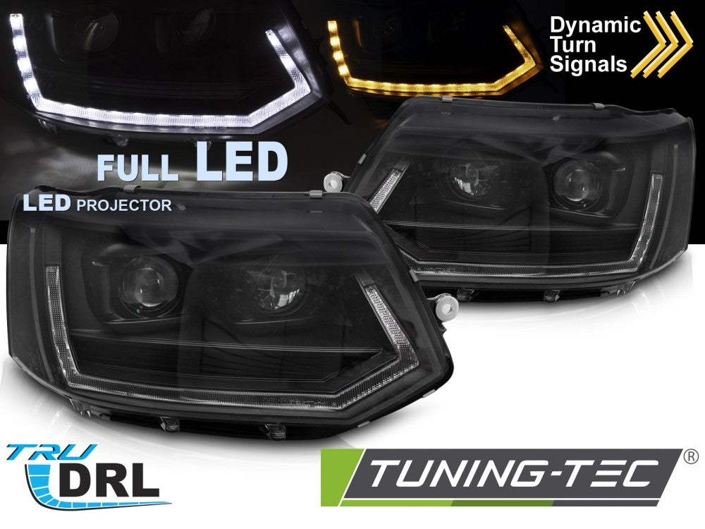 Phares LED tubulaires style T6 noir avec feux de jour, compatibles VW T5 10-15