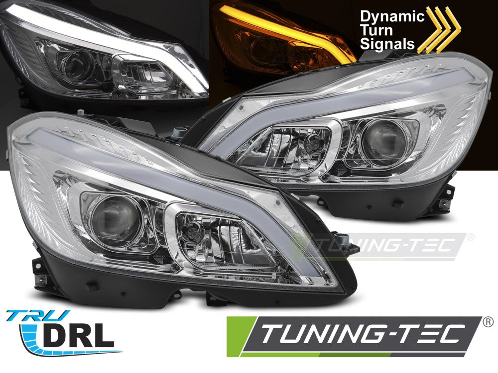 Phares tubulaires LED chromés séquentiels avec feux de jour compatibles avec Mercedes W204 11-14