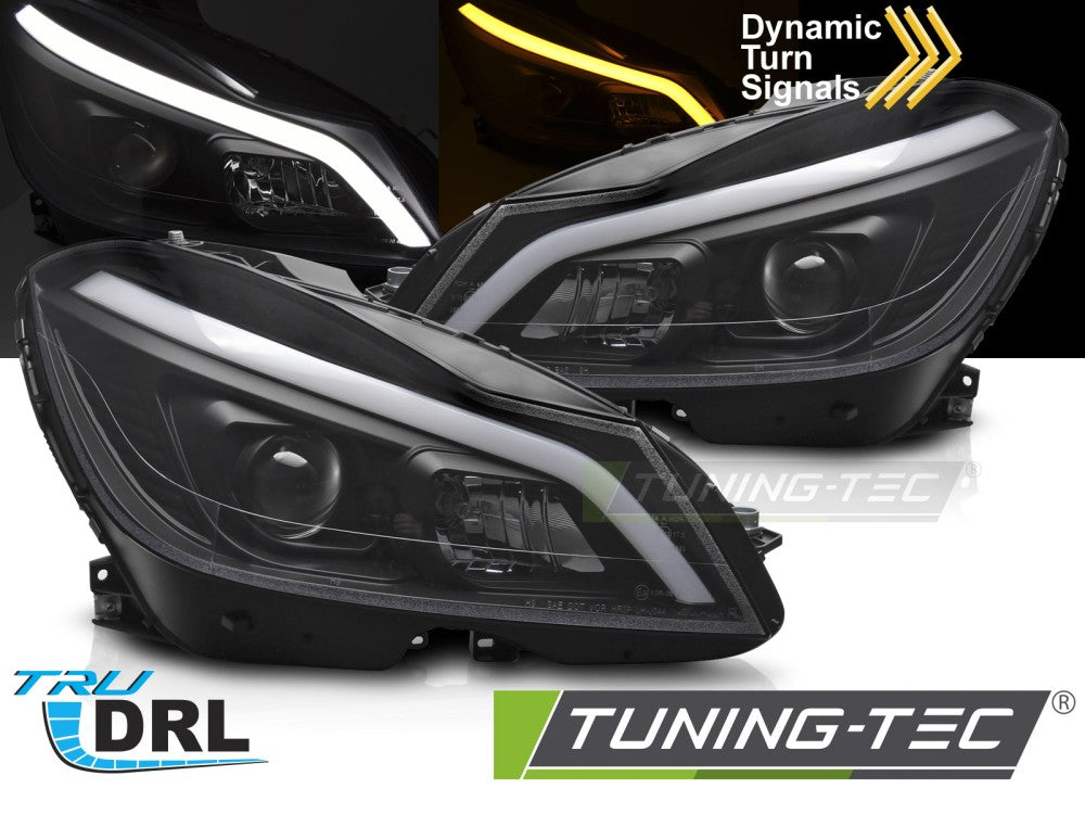 Phares tubulaires LED noirs avec feux de jour séquentiels (DRL) compatibles avec Mercedes W204 11-14